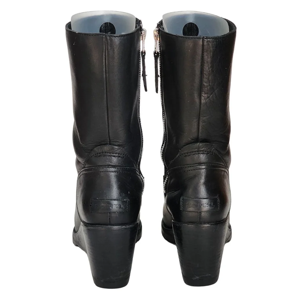 SOREL After Hours Mid Boot Black Leather Wedge Booties Size 8.5